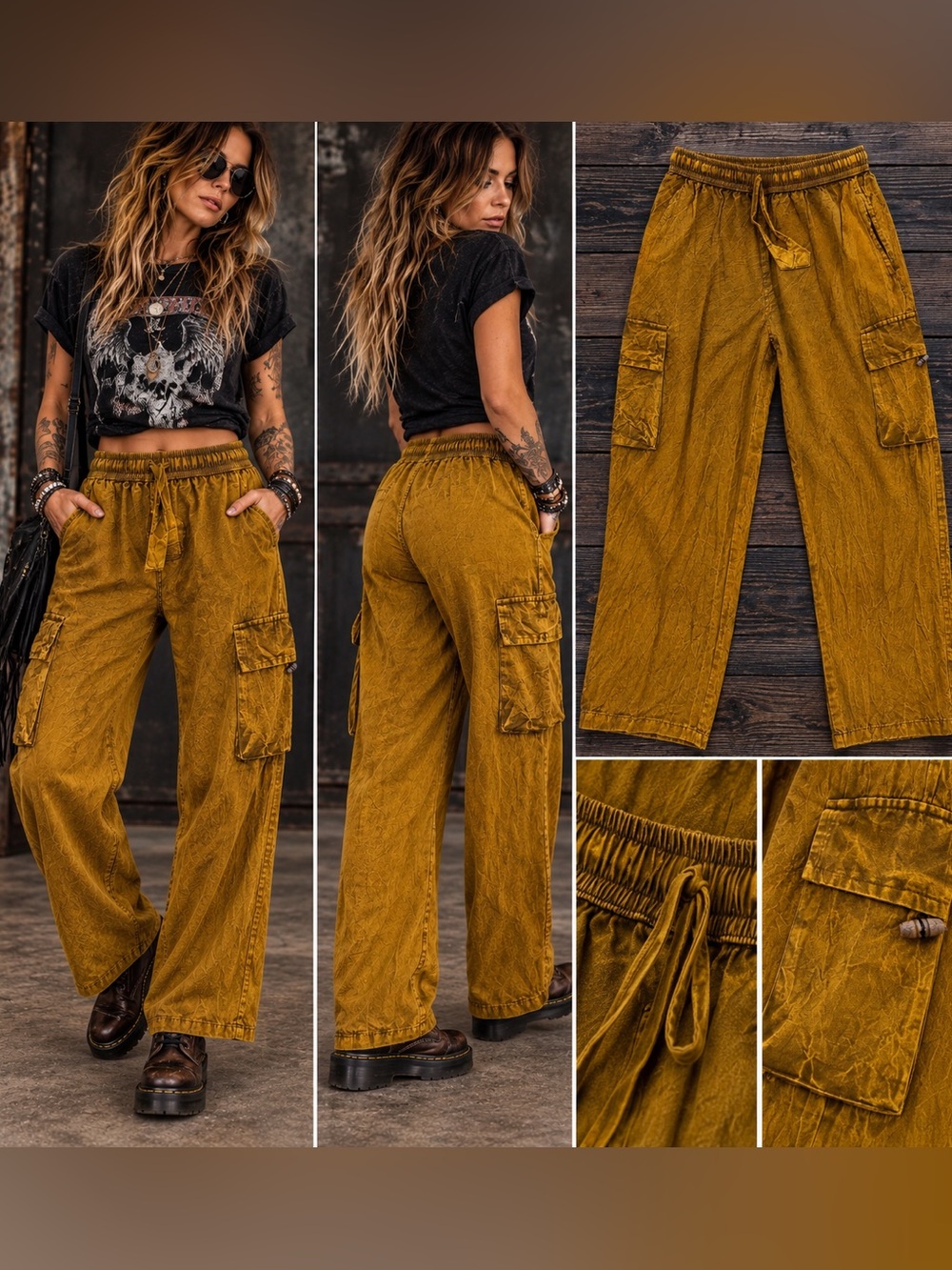 Rhea Mustard Mineral-Wash Wide Leg Cargo Pants
